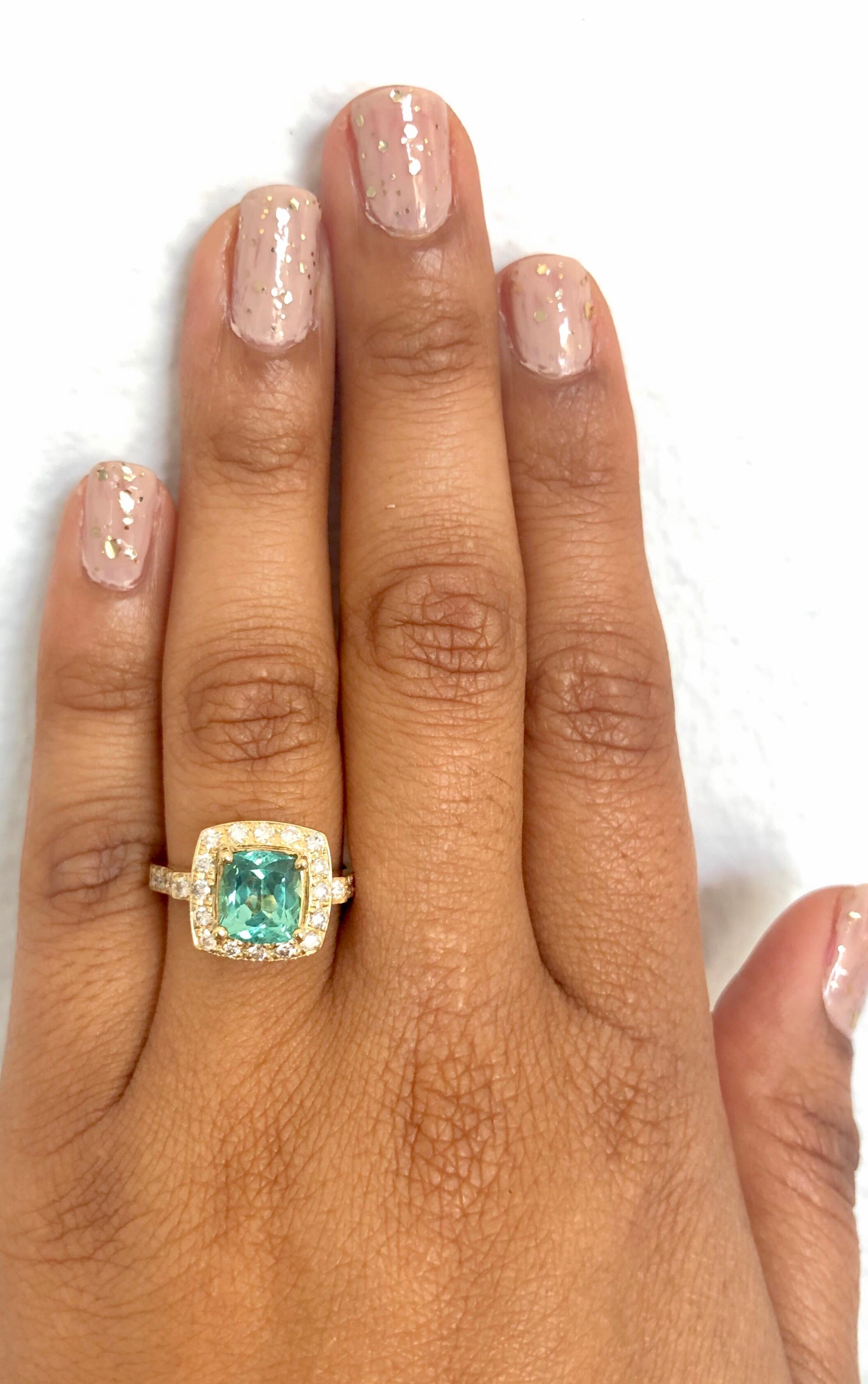 3.20 Carat Cushion Cut Apatite Diamond Ring 14 Karat Yellow Gold Ring 1