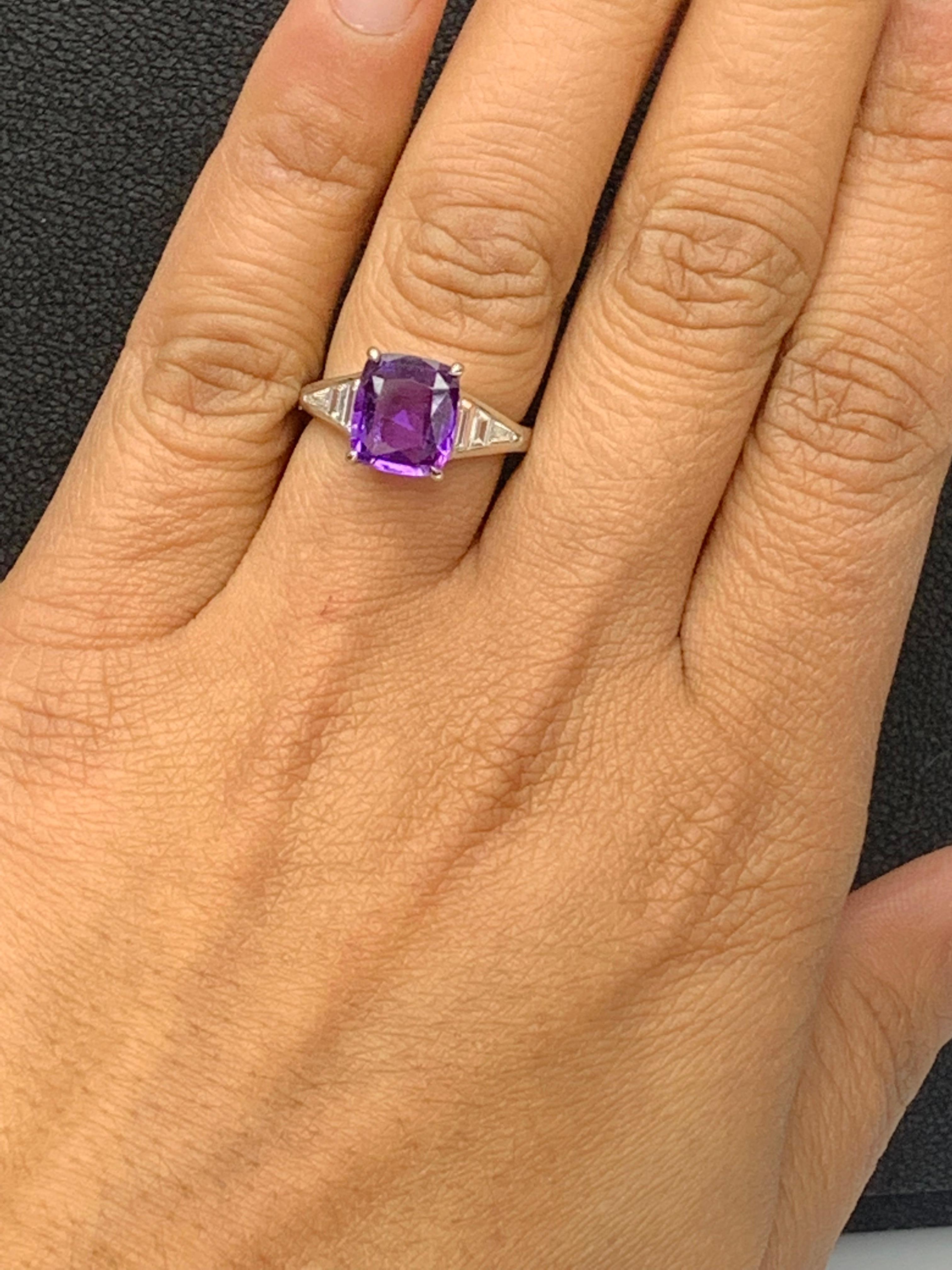 3.20 Carat Cushion Cut Purple Sapphire and Diamond Engagement Ring in Platinum For Sale 2