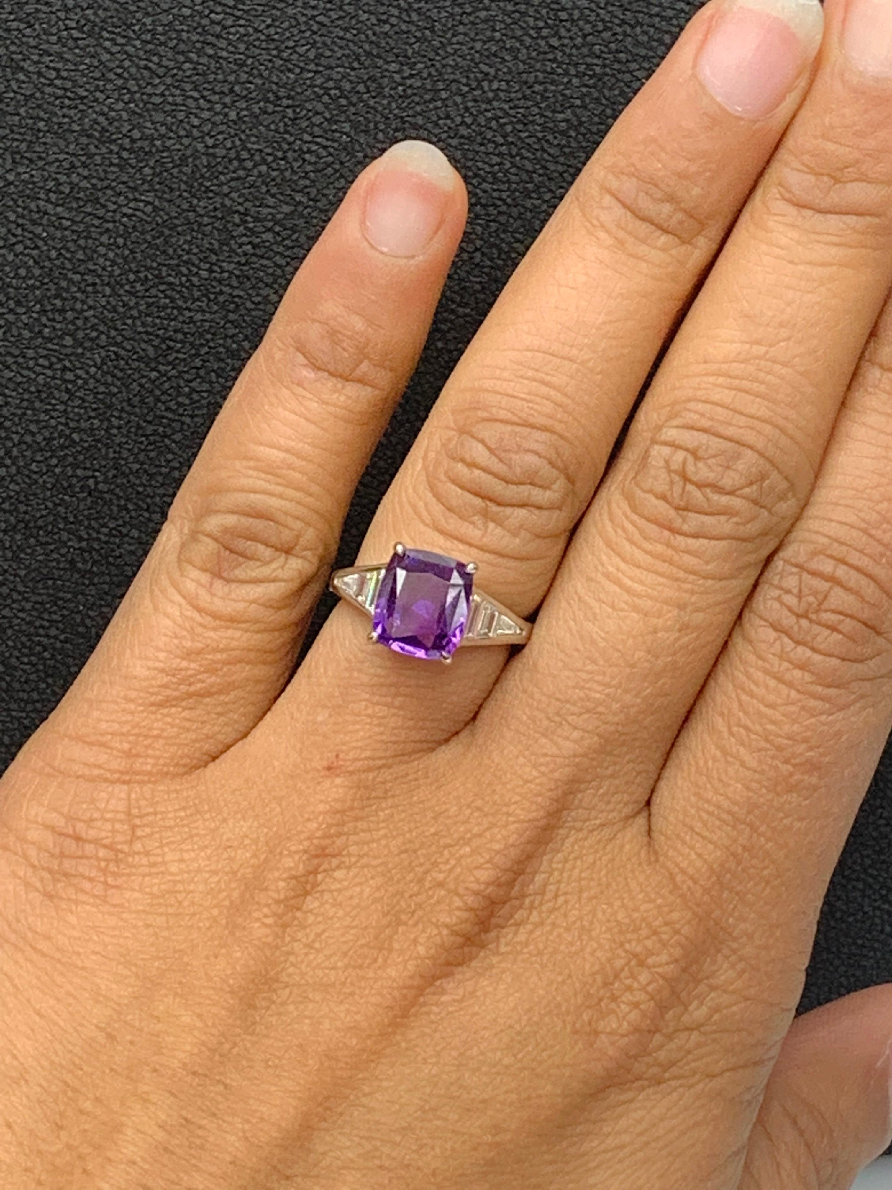 3.20 Carat Cushion Cut Purple Sapphire and Diamond Engagement Ring in Platinum For Sale 3