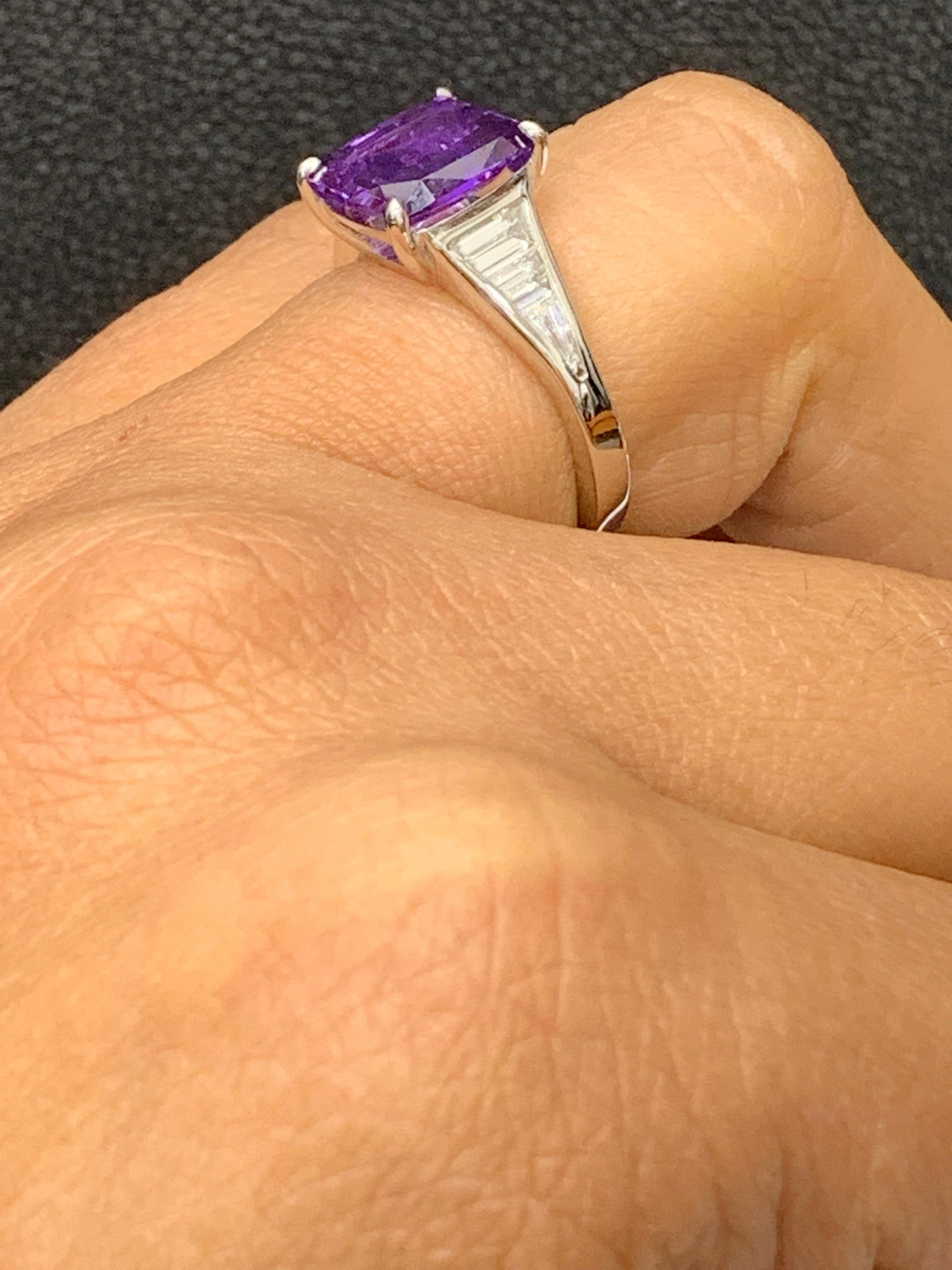 3.20 Carat Cushion Cut Purple Sapphire and Diamond Engagement Ring in Platinum In New Condition For Sale In NEW YORK, NY
