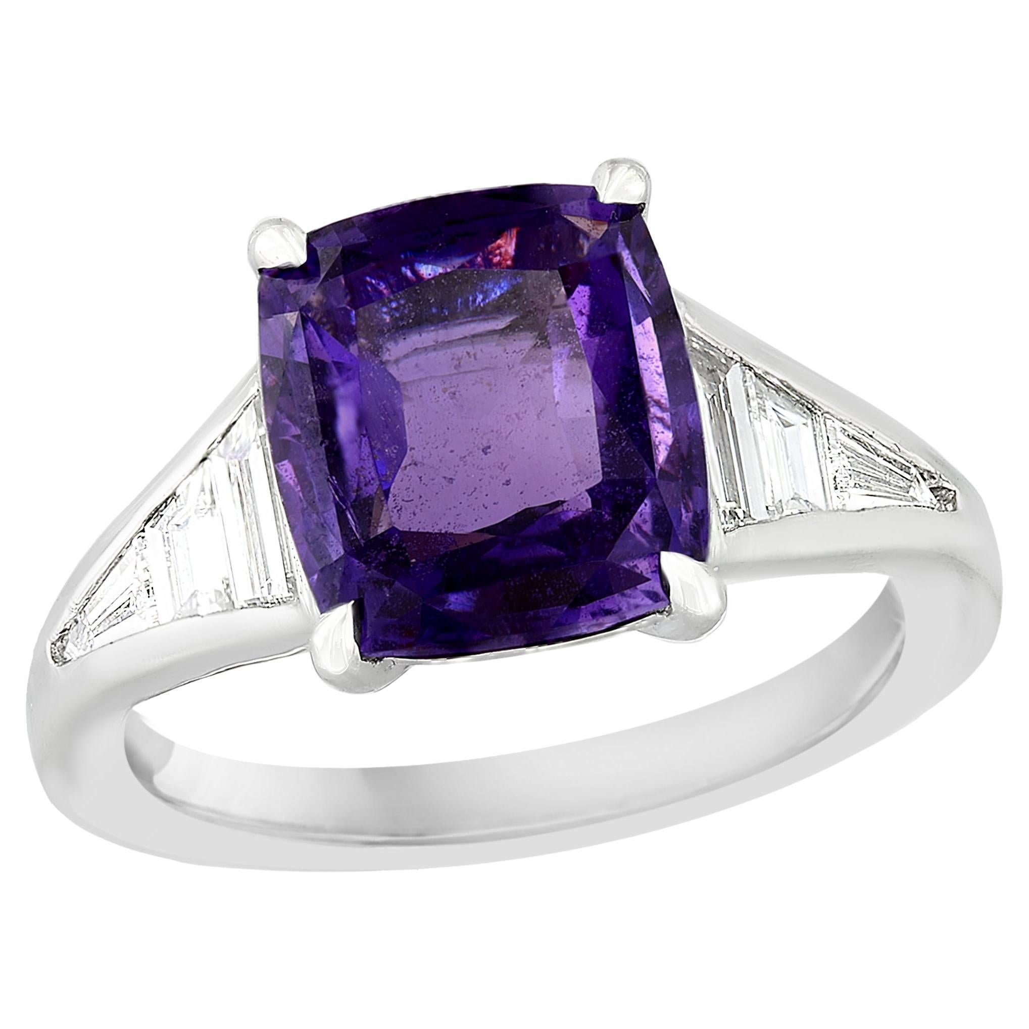 3.20 Carat Cushion Cut Purple Sapphire and Diamond Engagement Ring in Platinum For Sale