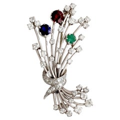 3.20 Carat Diamond & 1.79 Carat Garnet Emerald & Sapphire Platinum Brooch