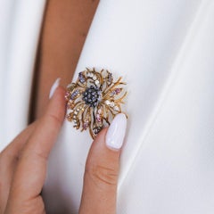 3.20 Carat Diamond and Pink Purple Sapphire Flower Brooch in 18K Yellow Gold