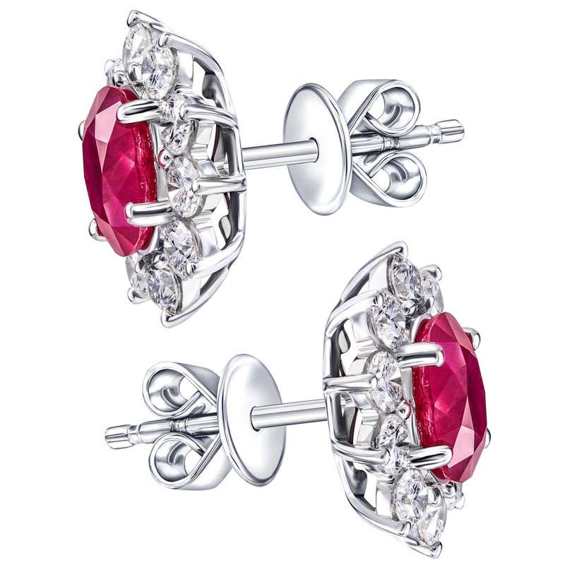 3.20 Carat Diamond Ruby Cluster Earrings 18 Karat White Gold Round Oval ...