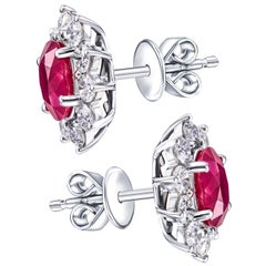 3.20 Carat Diamond Ruby Cluster Earrings 18 Karat White Gold Round Oval Studs