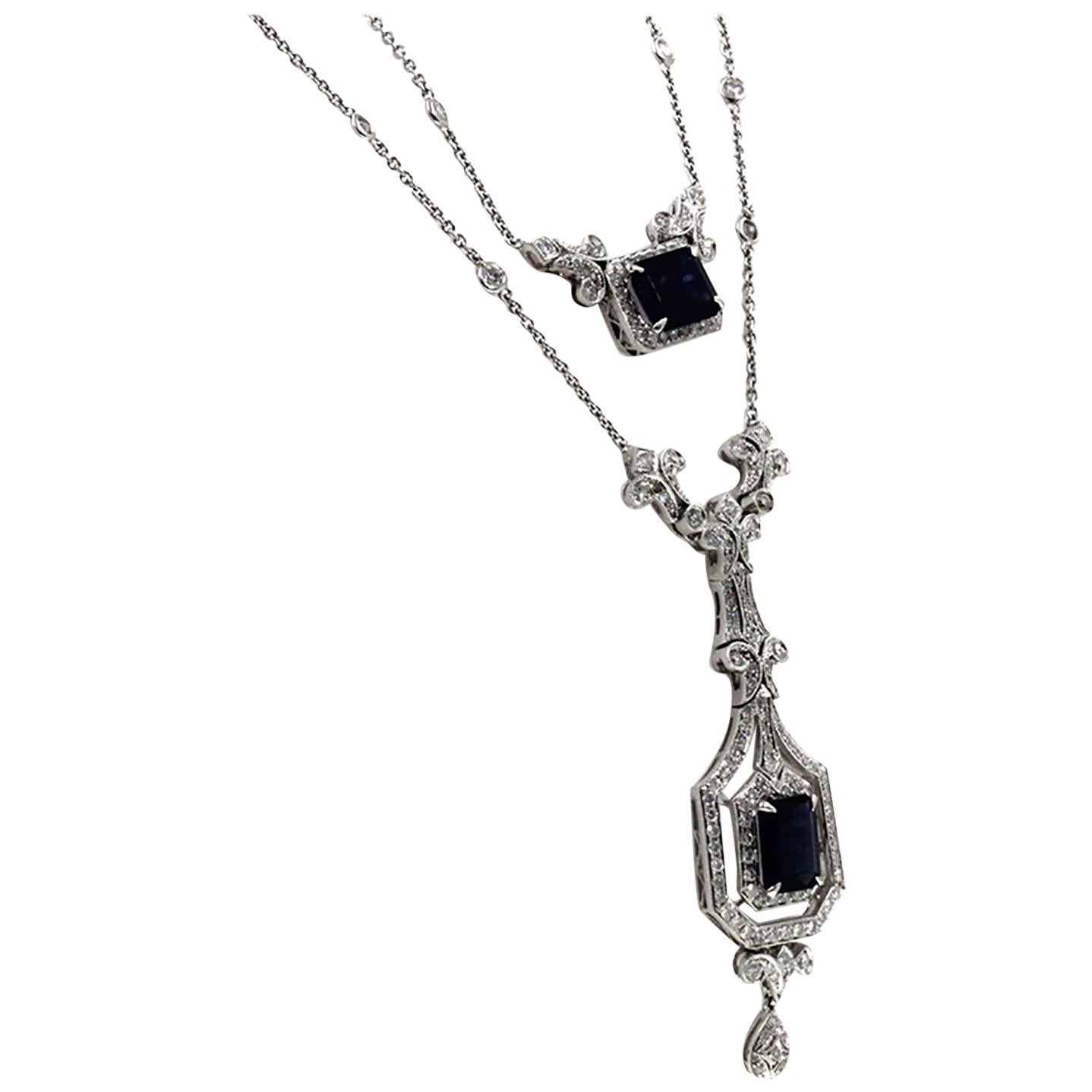 3.20 Carat Diamonds 7.05 Carat Blue Sapphire 18 Karat White Gold Drop Necklace For Sale