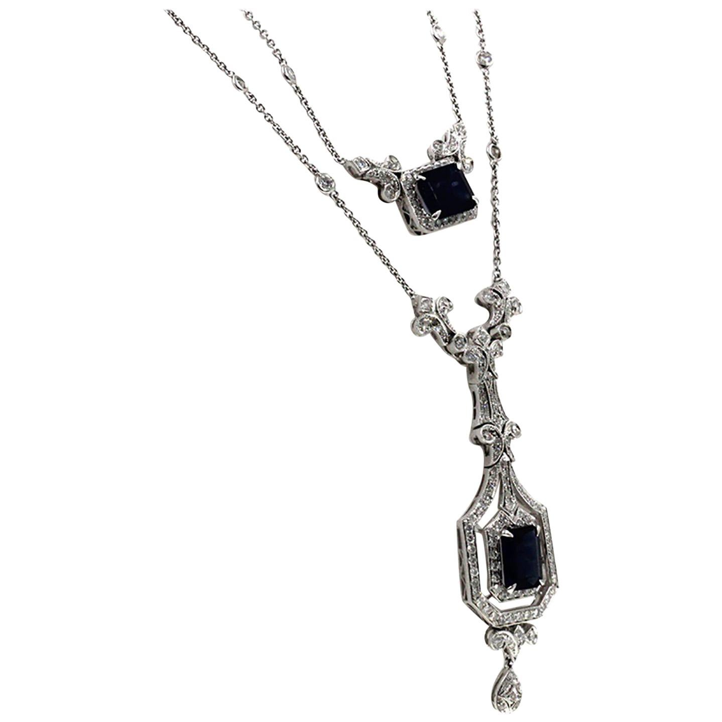 3.20 Carat Diamonds 7.05 Carat Blue Sapphire 18 Karat White Gold Drop Necklace