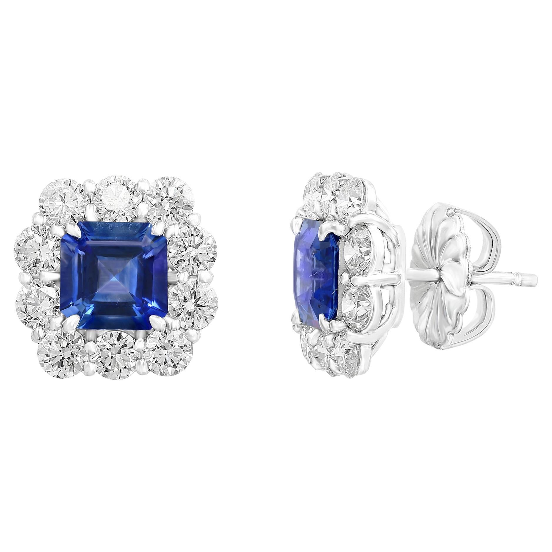 3.20 Carat Emerald Cut Blue Sapphire and Diamond Stud Earrings in 18K White Gold For Sale