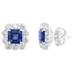 3.20 Carat Emerald Cut Blue Sapphire and Diamond Stud Earrings in 18K White Gold