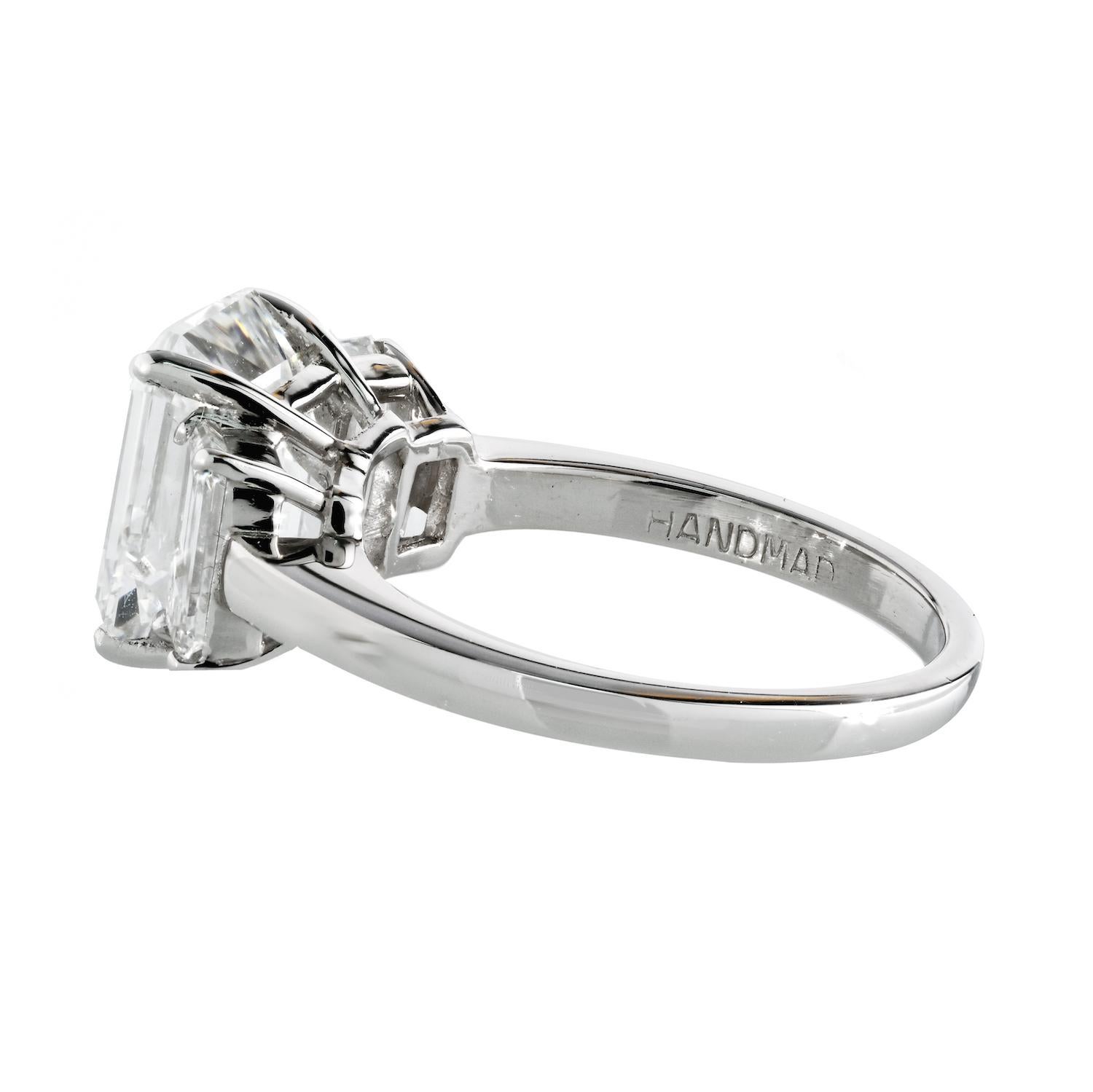 3.20 Carat Emerald Cut Diamond F/VS1 Three Stone Engagement Ring In Excellent Condition For Sale In New York, NY