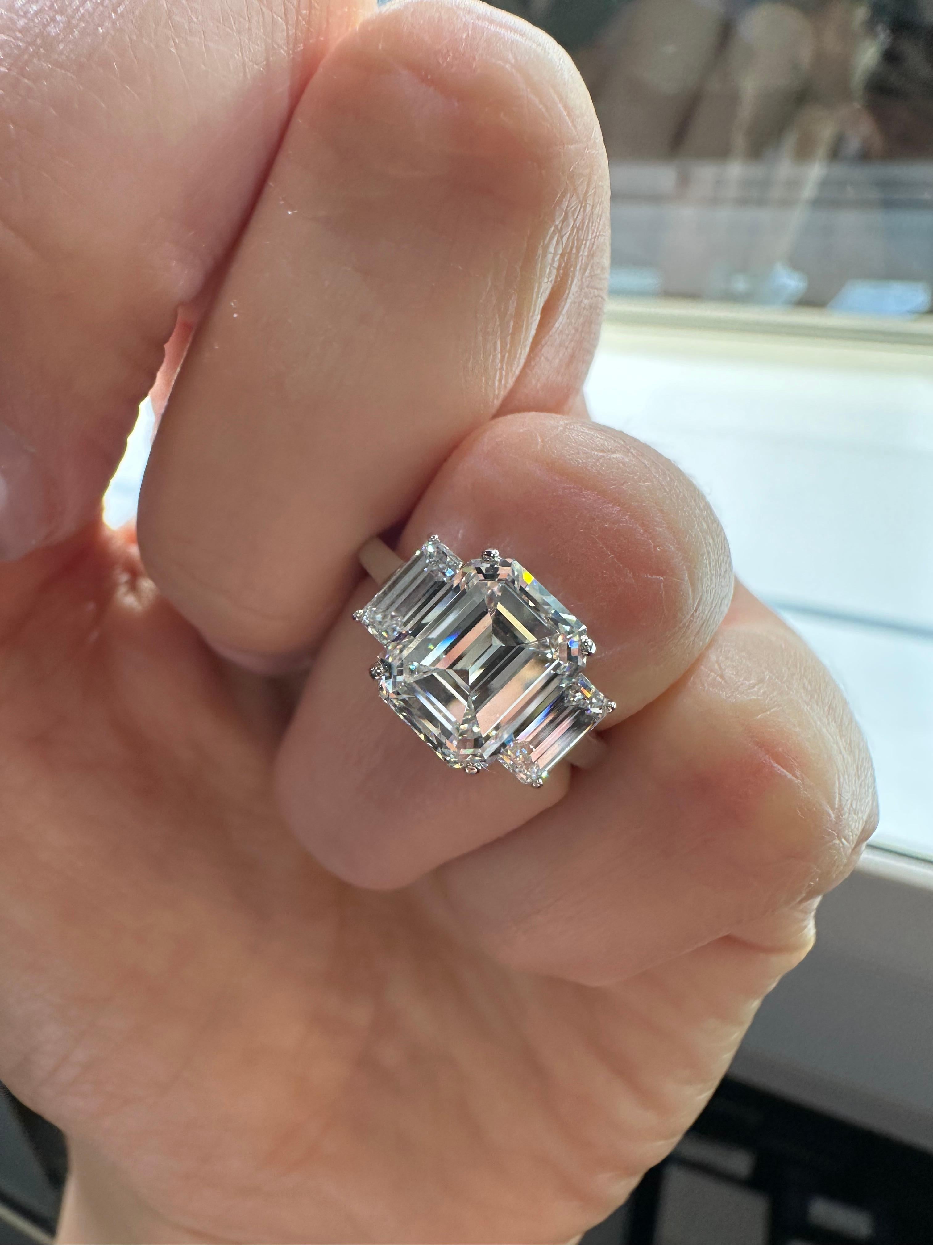3.20 Carat Emerald Cut Diamond F/VS1 Three Stone Engagement Ring For Sale 2