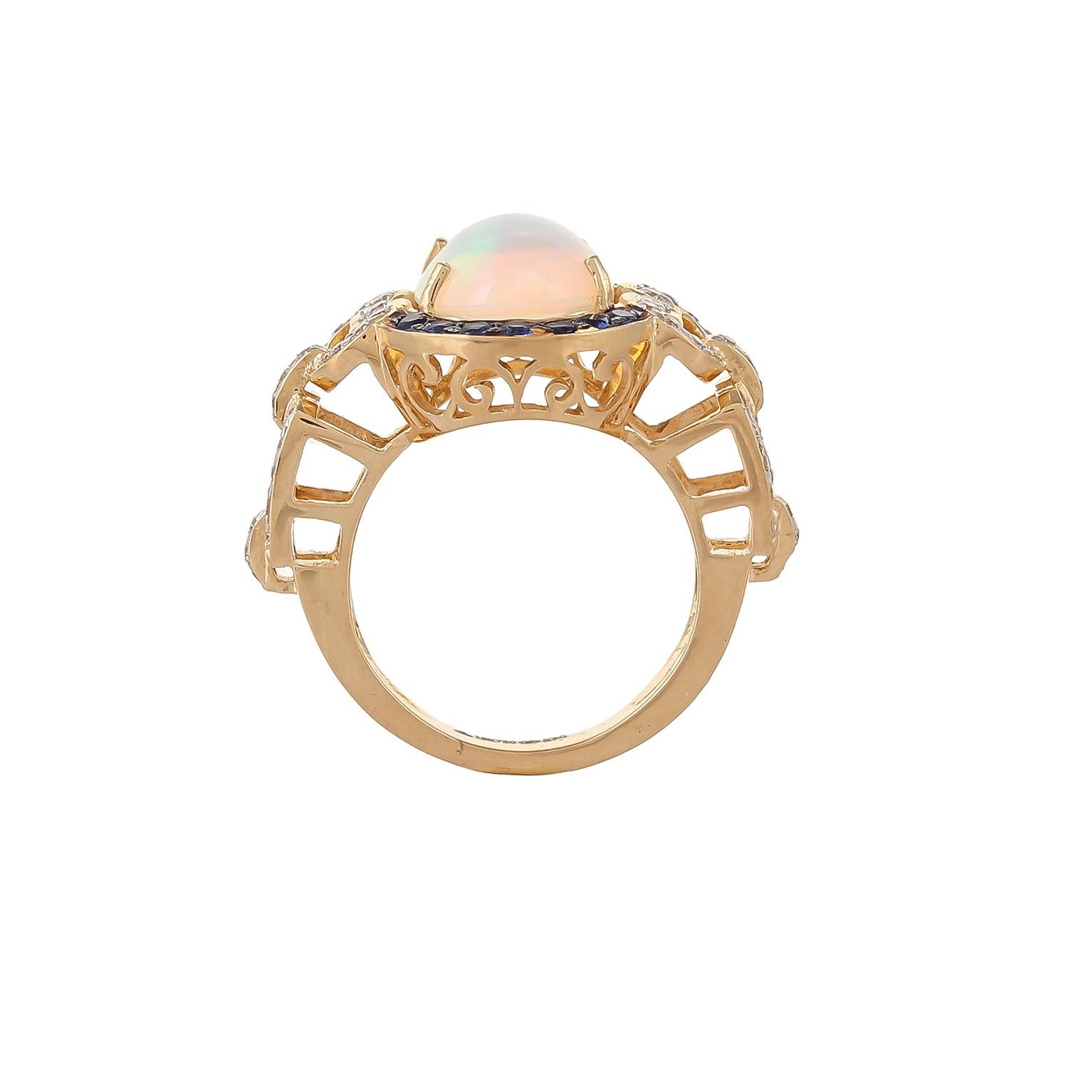 A 3.20ct Ethiopian opal cabochon, when combined with 0.36ct diamond- cut blue sapphire prove a rich beautiful combination. This statement ring is handcrafted in 18kt gold and 0.35ct diamonds is a good example of great craftsmanship and makes an