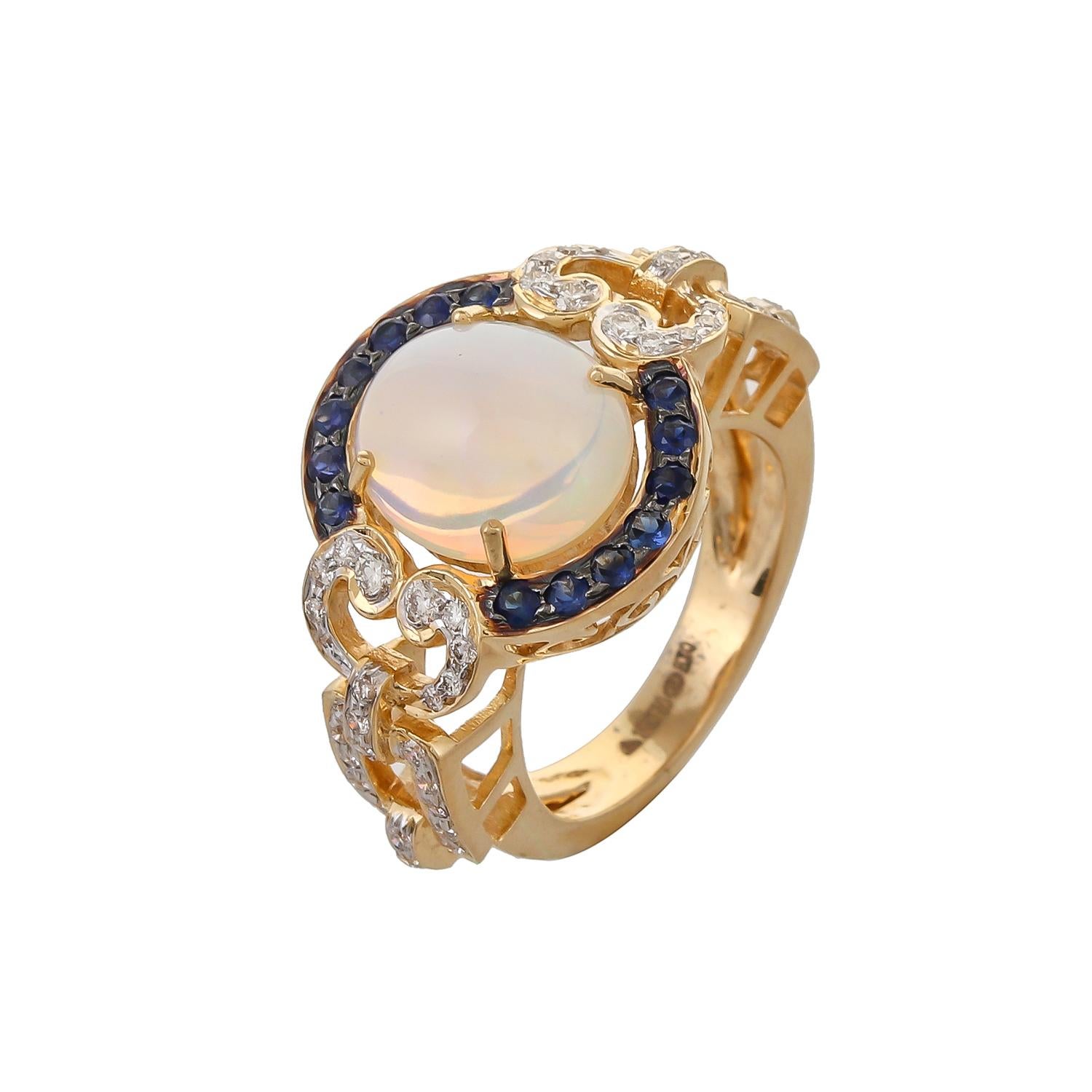 Contemporary 3.20 Carat Ethiopian Opal Cabochon Blue Sapphire Diamond 18kt Yellow Gold Ring For Sale