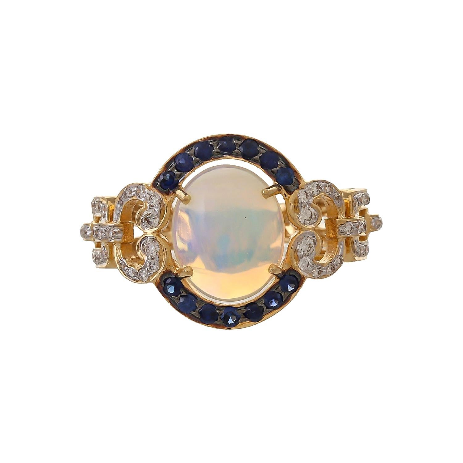 3.20 Carat Ethiopian Opal Cabochon Blue Sapphire Diamond 18kt Yellow Gold Ring For Sale