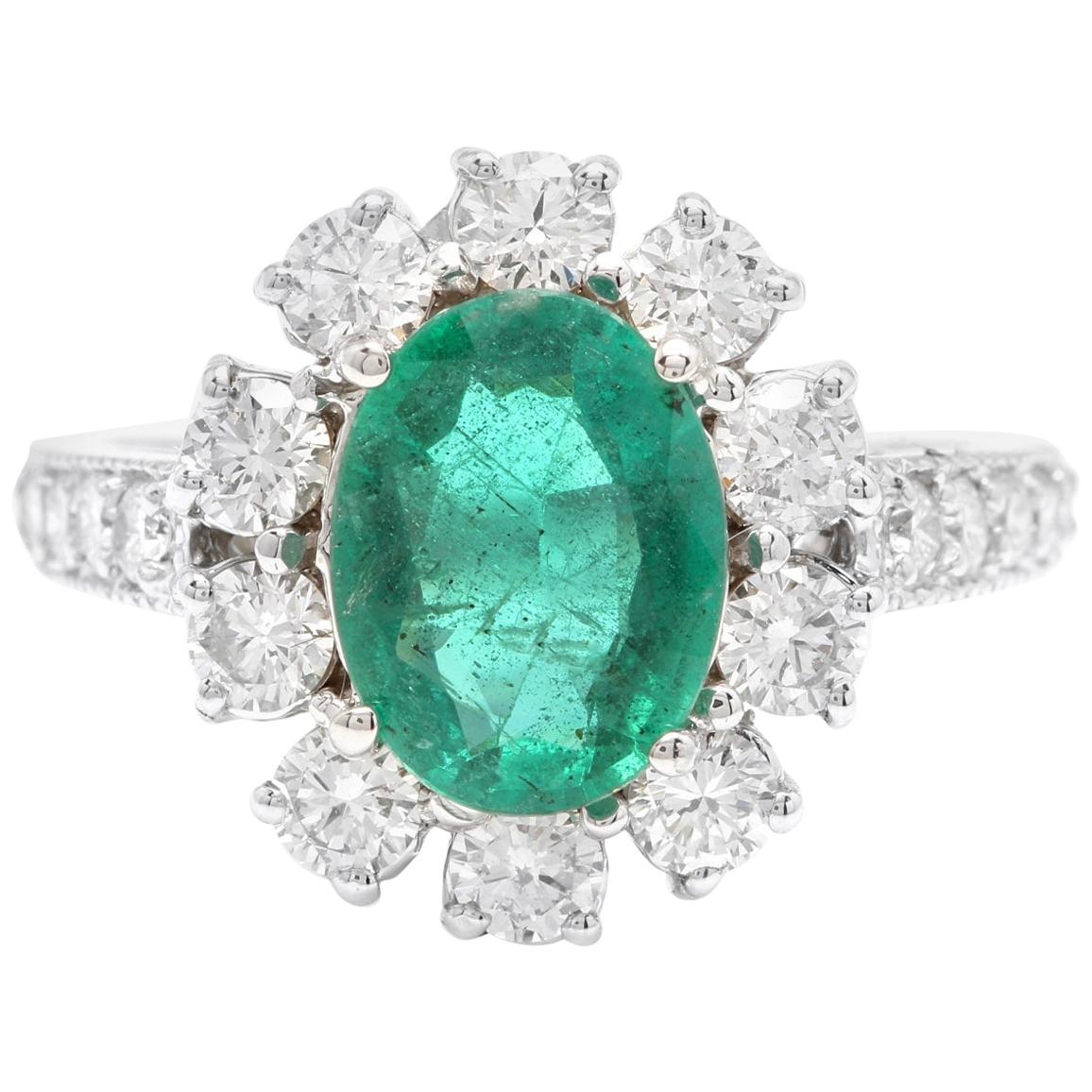 3.20 Carat Exquisite Emerald and Diamond 14 Karat Solid White Gold Ring