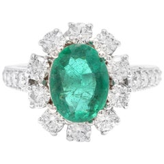 Exquisita Esmeralda y Diamante de 3,20 Quilates Anillo de Oro Blanco Macizo de 14 Kilates