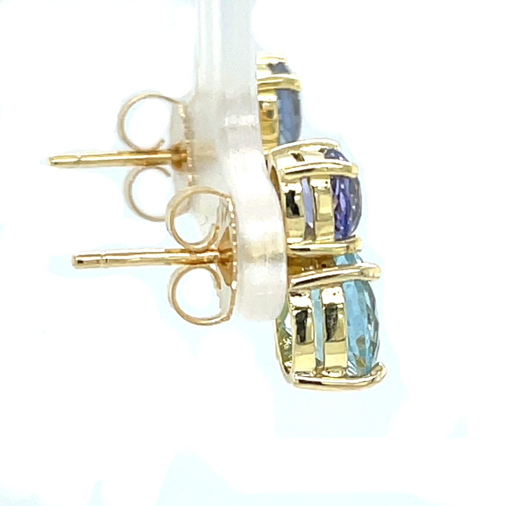Round Cut 3.20 Carat Faceted Aquamarine, Tanzanite Stud Post Yellow Gold Earrings