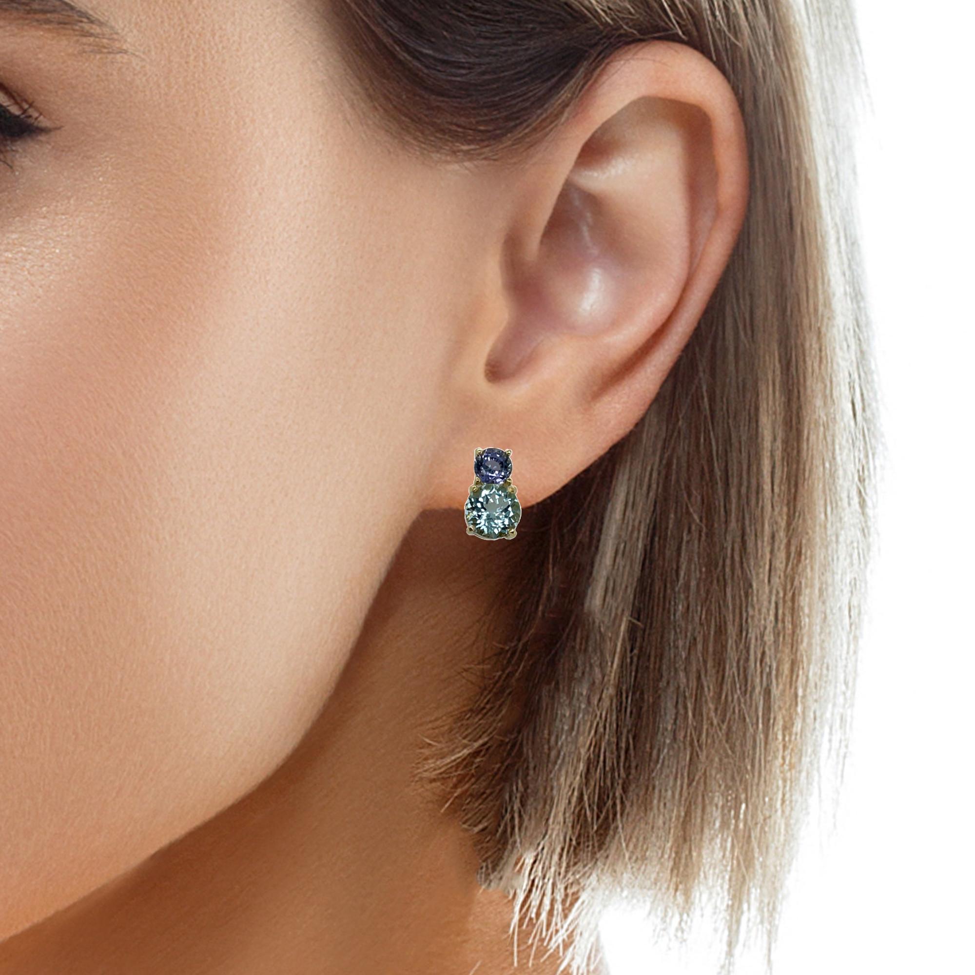 3.20 Carat Faceted Aquamarine, Tanzanite Stud Post Yellow Gold Earrings 4