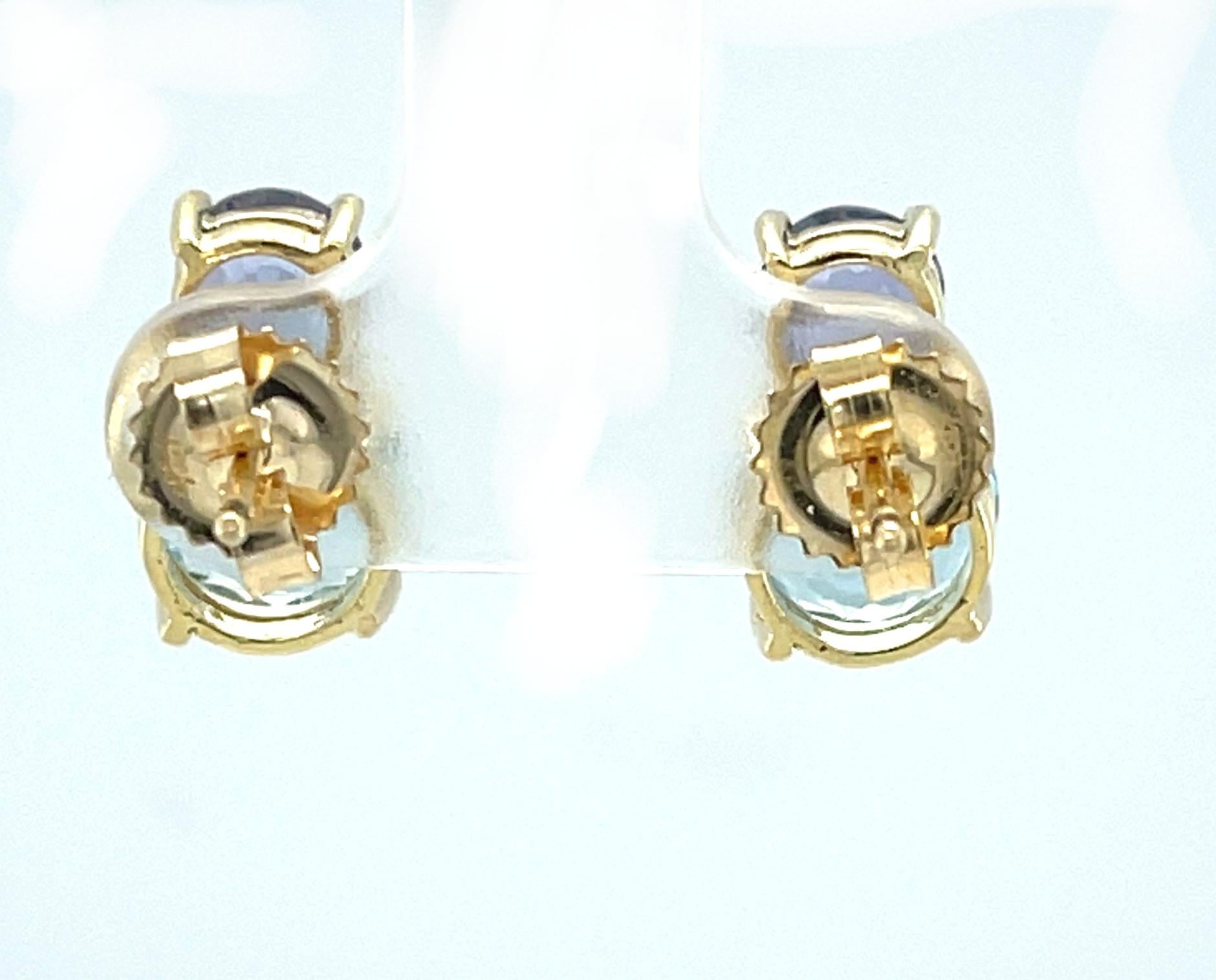 3.20 Carat Faceted Aquamarine, Tanzanite Stud Post Yellow Gold Earrings In New Condition In Los Angeles, CA