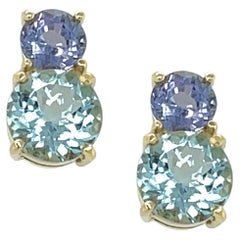 3.20 Carat Faceted Aquamarine, Tanzanite Stud Post Yellow Gold Earrings