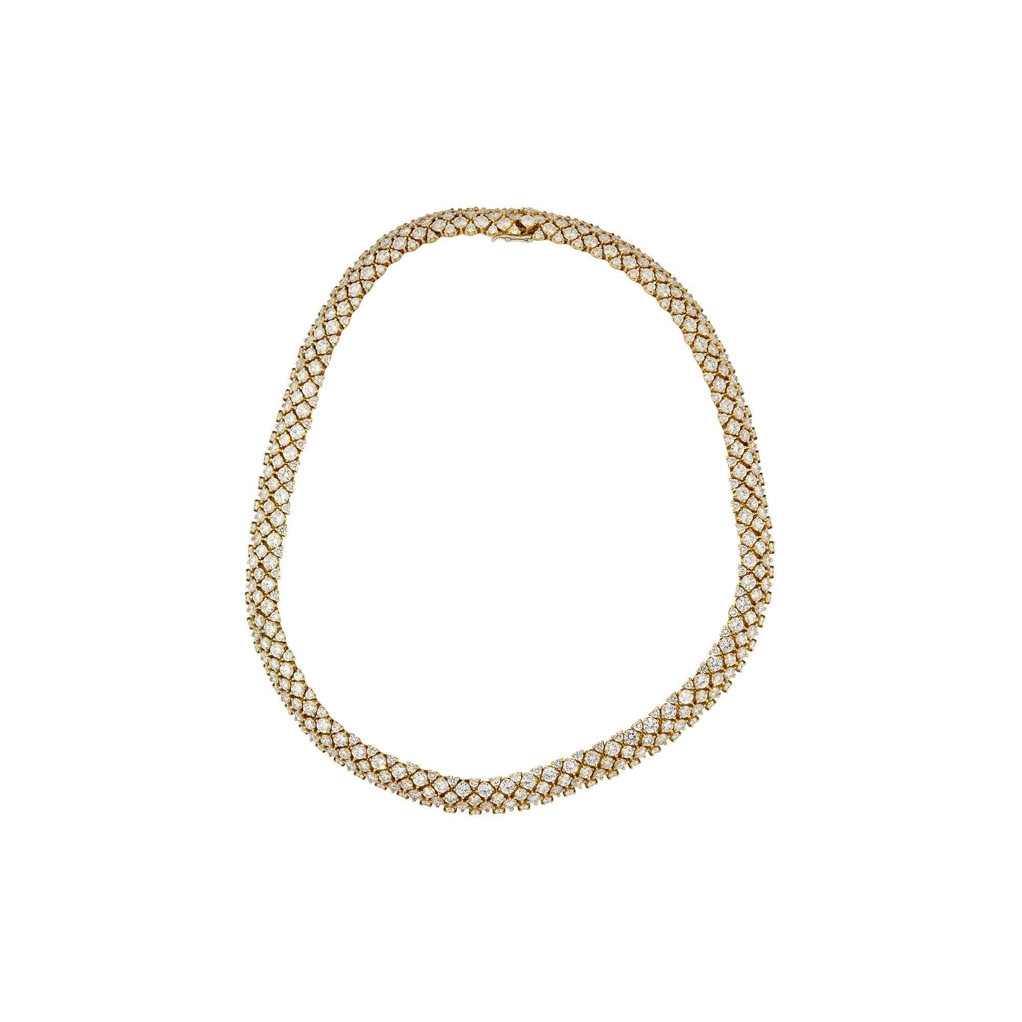 Round Cut 32.0 Carat Flexible 3 Row Diamond Necklace 18 Karat in Stock For Sale