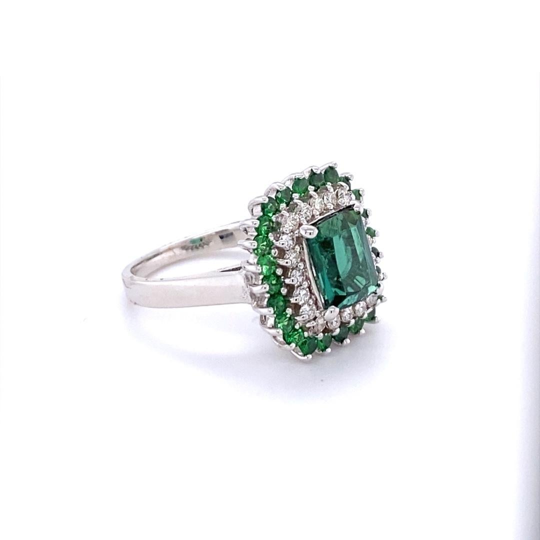 Emerald Cut 3.20 Carat Green Tourmaline Tsavorite Diamond Gold Engagement Ring For Sale