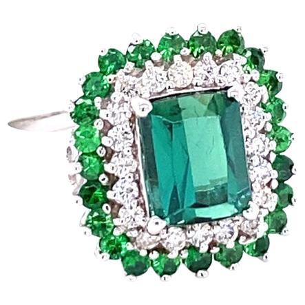 3.20 Carat Green Tourmaline Tsavorite Diamond Gold Engagement Ring For Sale