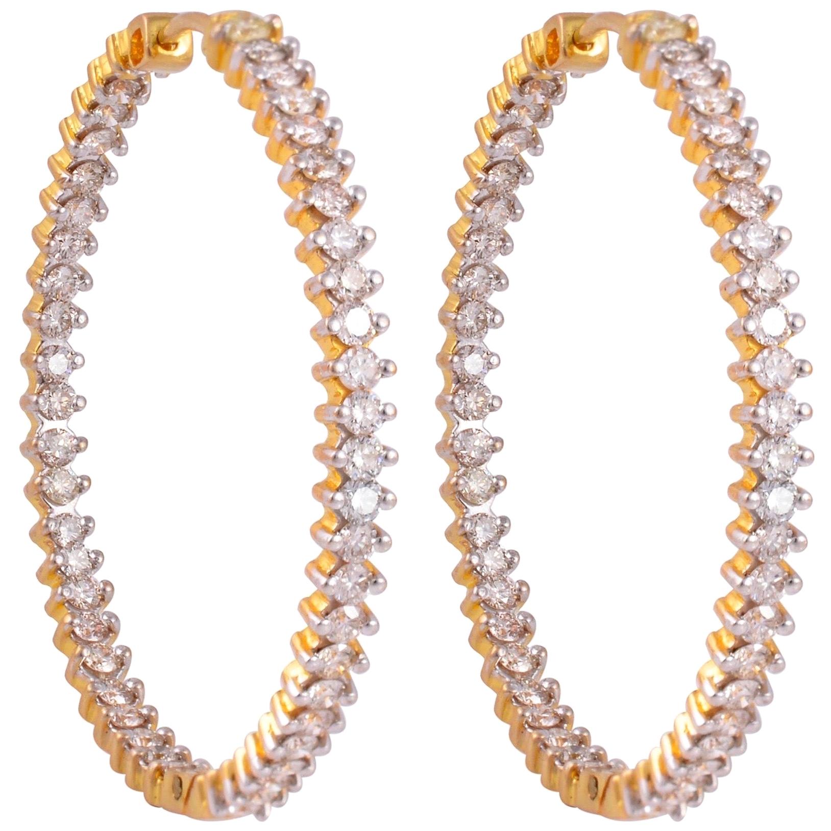 3.20 Carat Inside Out Diamond 18 Karat Yellow Gold Hoop Earrings For Sale
