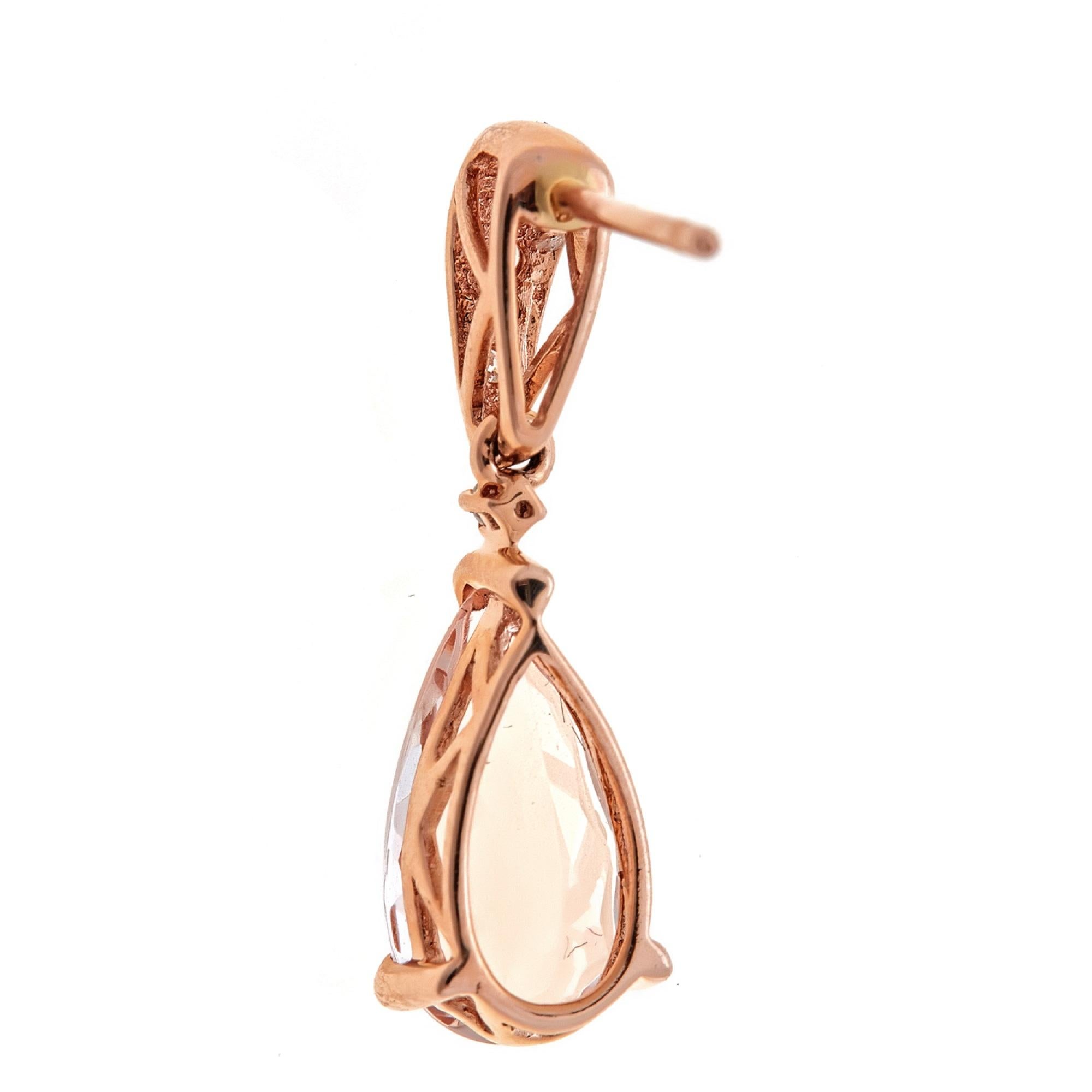 Art Deco 3.20 Carat Morganite Pear Cut Diamond Accents 14K Rose Gold Dangle Earring For Sale