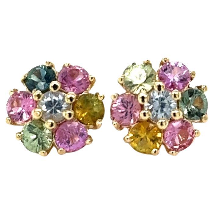 Cute, dainty earrings that are versatile and great for an everyday look! 
3.20 Carat Round Cut Natural Multi-Color Sapphire 14 Karat Yellow Gold Stud Earrings!

There are 14 Multi-Colored Sapphires set to create a Flower Petal Design.  
The total