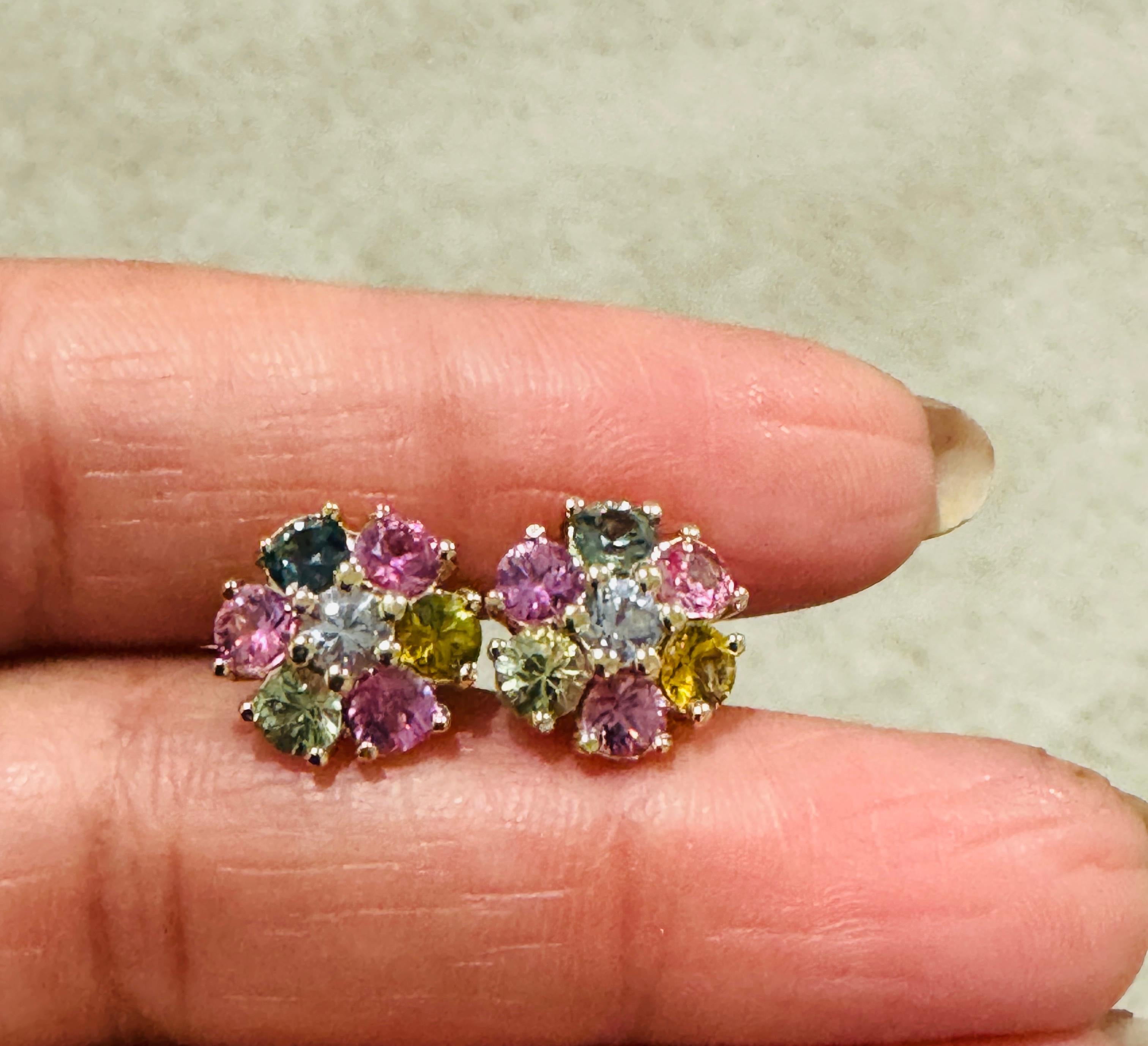 Women's 3.20 Carat Multi-Color Sapphire Yellow Gold Stud Earrings For Sale