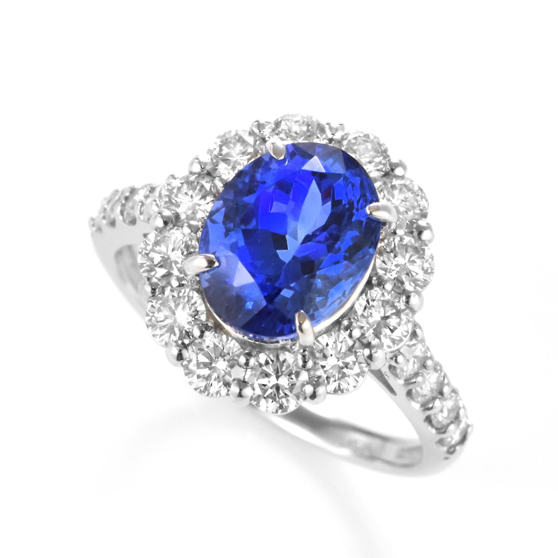 A beautiful ring featuring a 3.20 Carat Natural Tanzanite and 1.33 Carat Diamonds Made in Platinum. Tanzanite's name was given by Tiffany and Co after its only known source: Tanzania. Tanzanite displays beautiful pleochroic colors meaning they