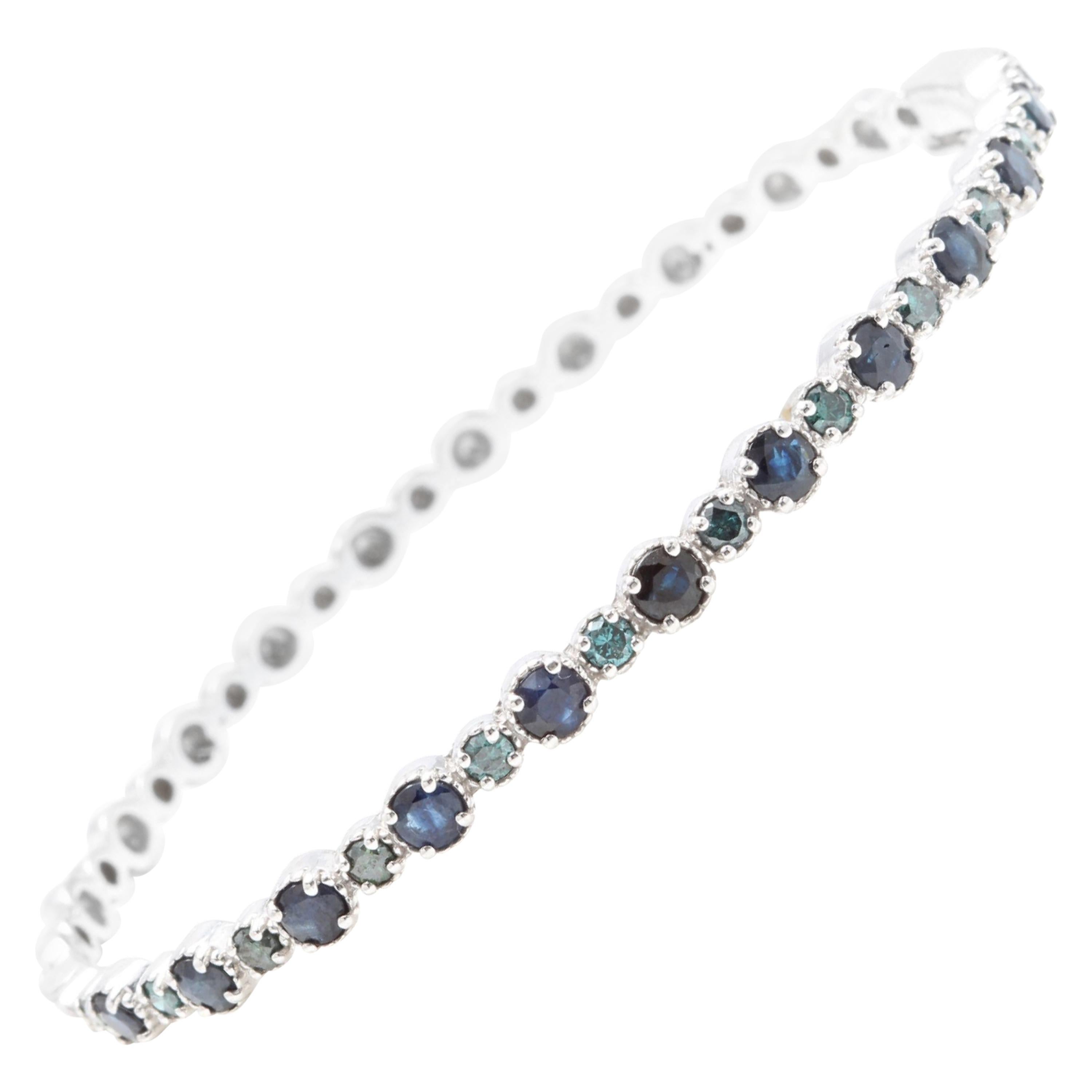 3.20 Carat Natural Blue Diamond and Sapphire 14 Karat Solid White Gold Bracelet For Sale