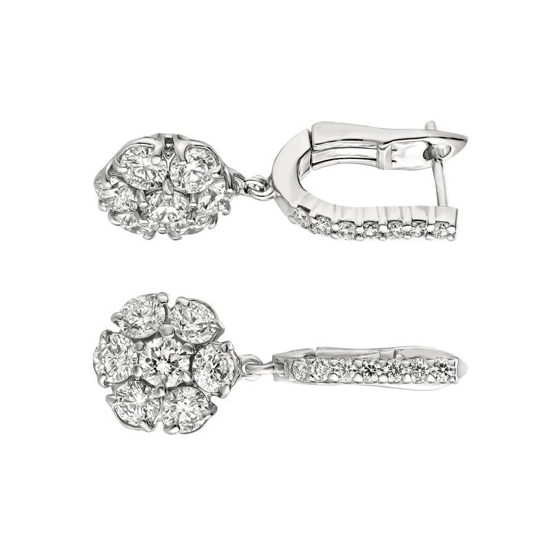 Contemporary 3.20 Carat Natural Diamond Flower Drop Earrings G SI 14 Karat White Gold For Sale