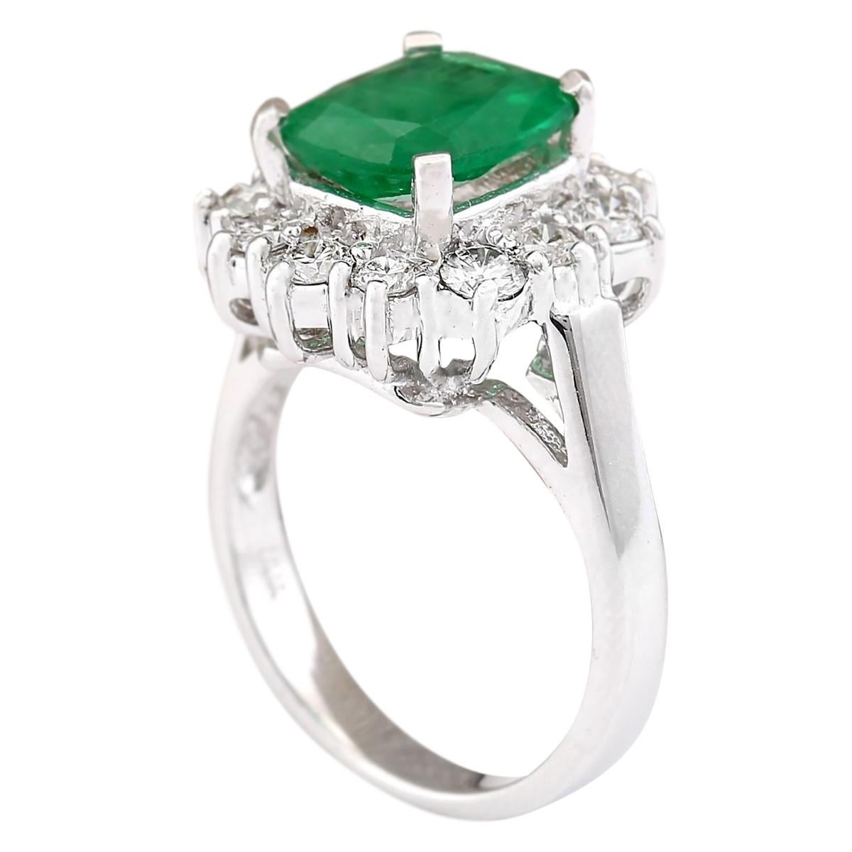 Cushion Cut Natural Emerald Diamond Ring In 14 Karat White Gold  For Sale