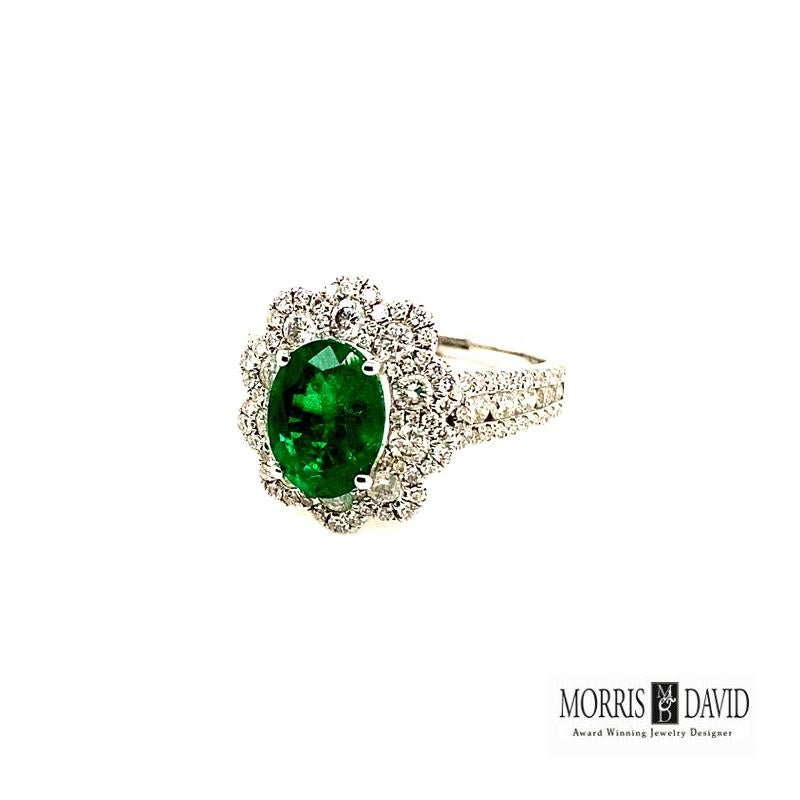 Oval Cut 3.20 Carat Natural Oval Emerald and Diamond Ring 18 Karat White Gold For Sale