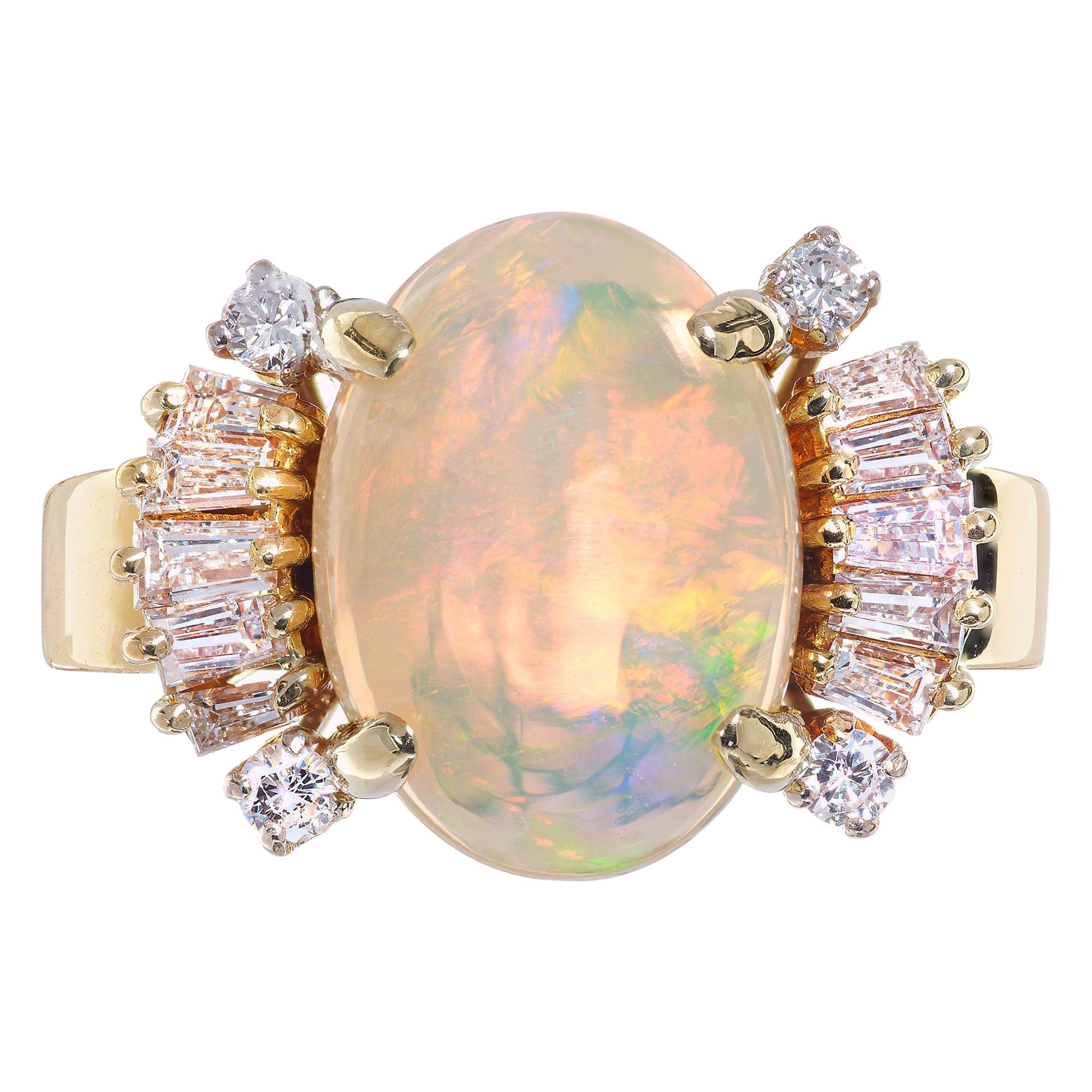 3.20 Carat Opal Diamond Yellow Gold Ring For Sale
