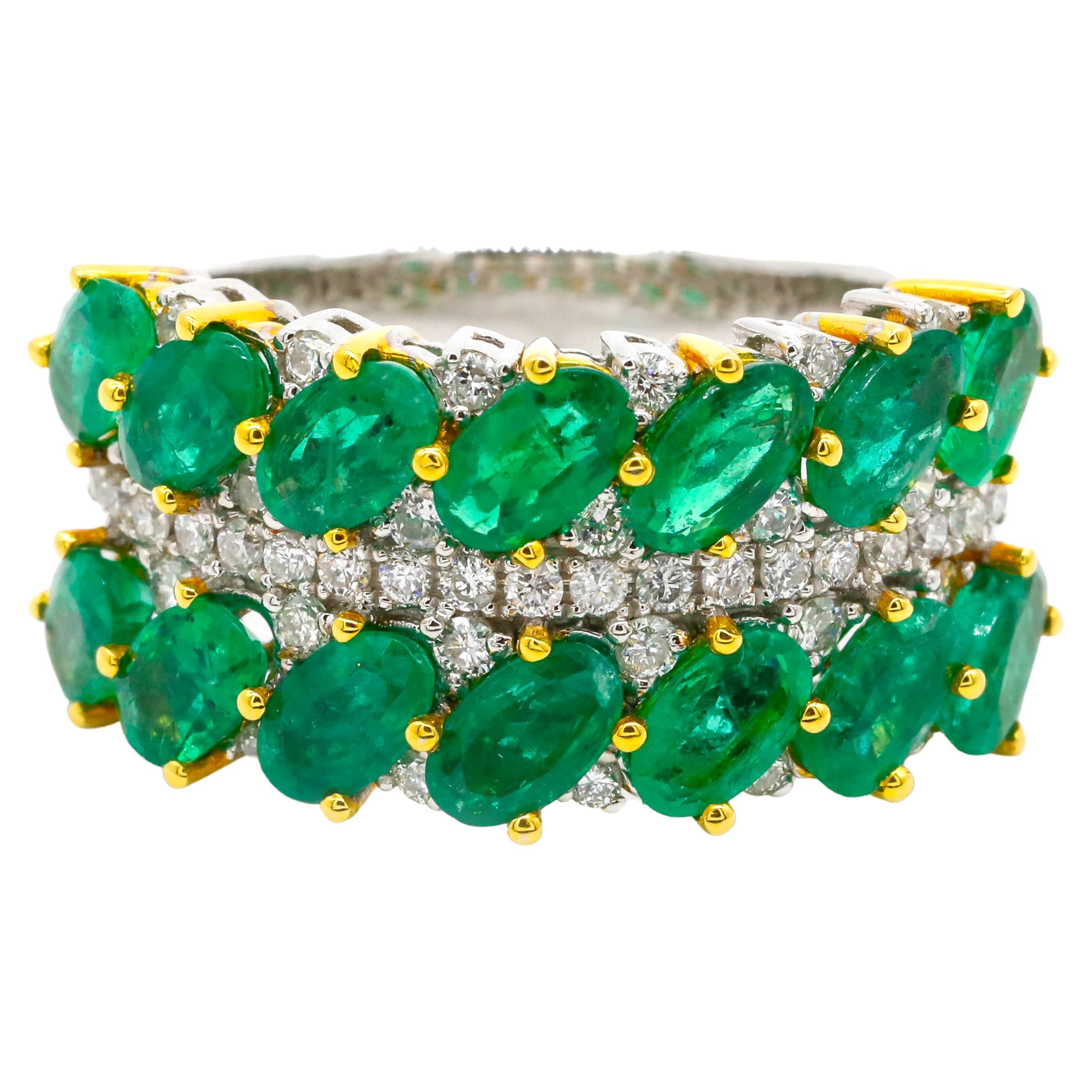 3.20 Carat Oval Cut Emerald and Round Diamond Band Ring in 18k Two-Tone Gold