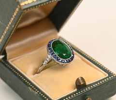 3.20 Carat Oval Cut Emerald Ring. Diamond French Sapphire Halo Ring Platinum