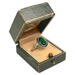 3.20 Carat Oval Cut Emerald Ring. Diamond French Sapphire Halo Ring Platinum