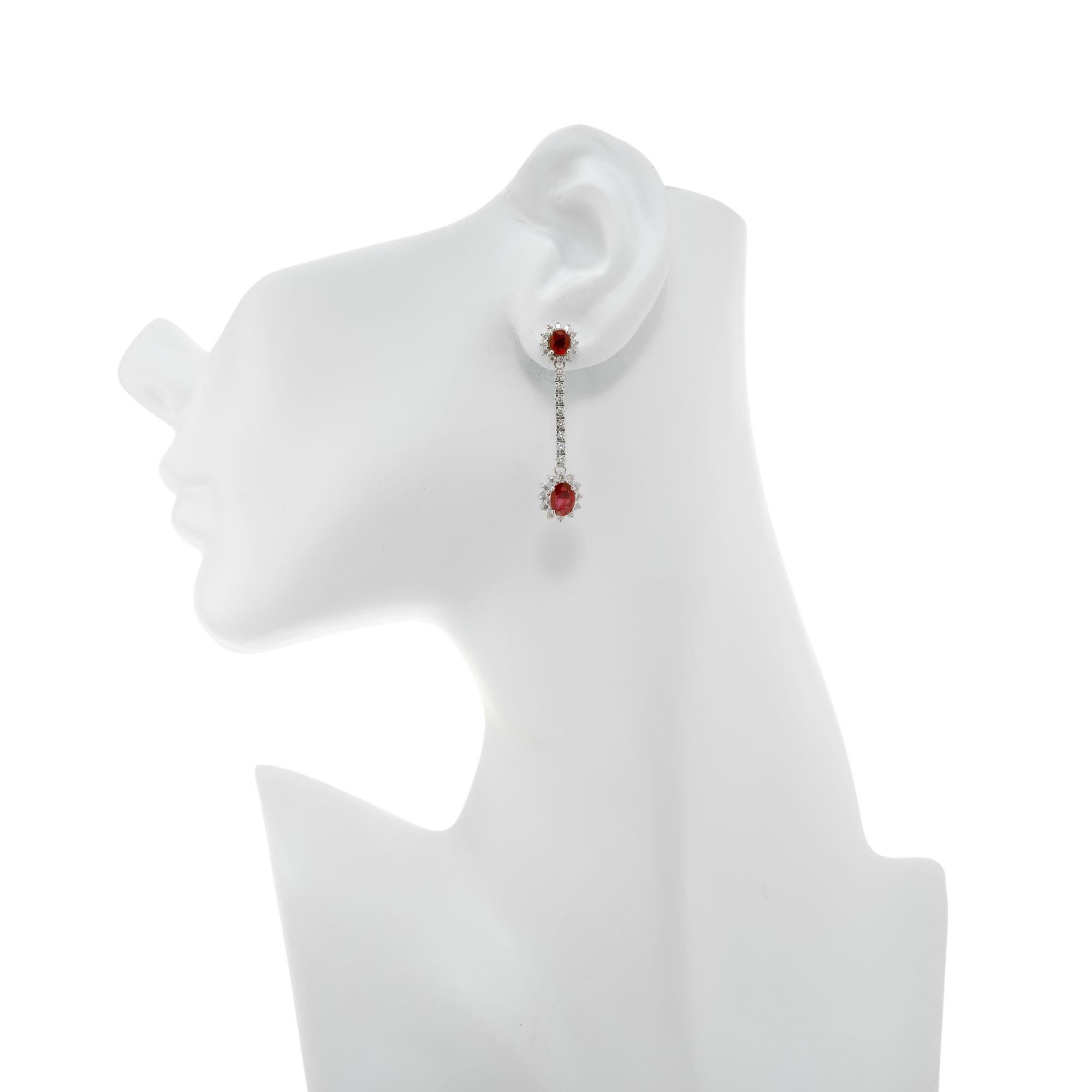 3.20 Carat Oval Ruby Diamond White Gold Dangle Drop Earrings For Sale 1