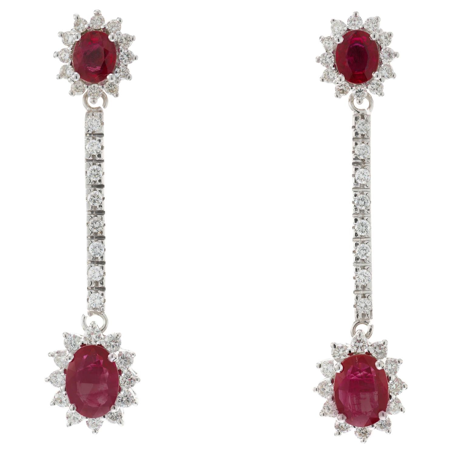 3.20 Carat Oval Ruby Diamond White Gold Dangle Drop Earrings