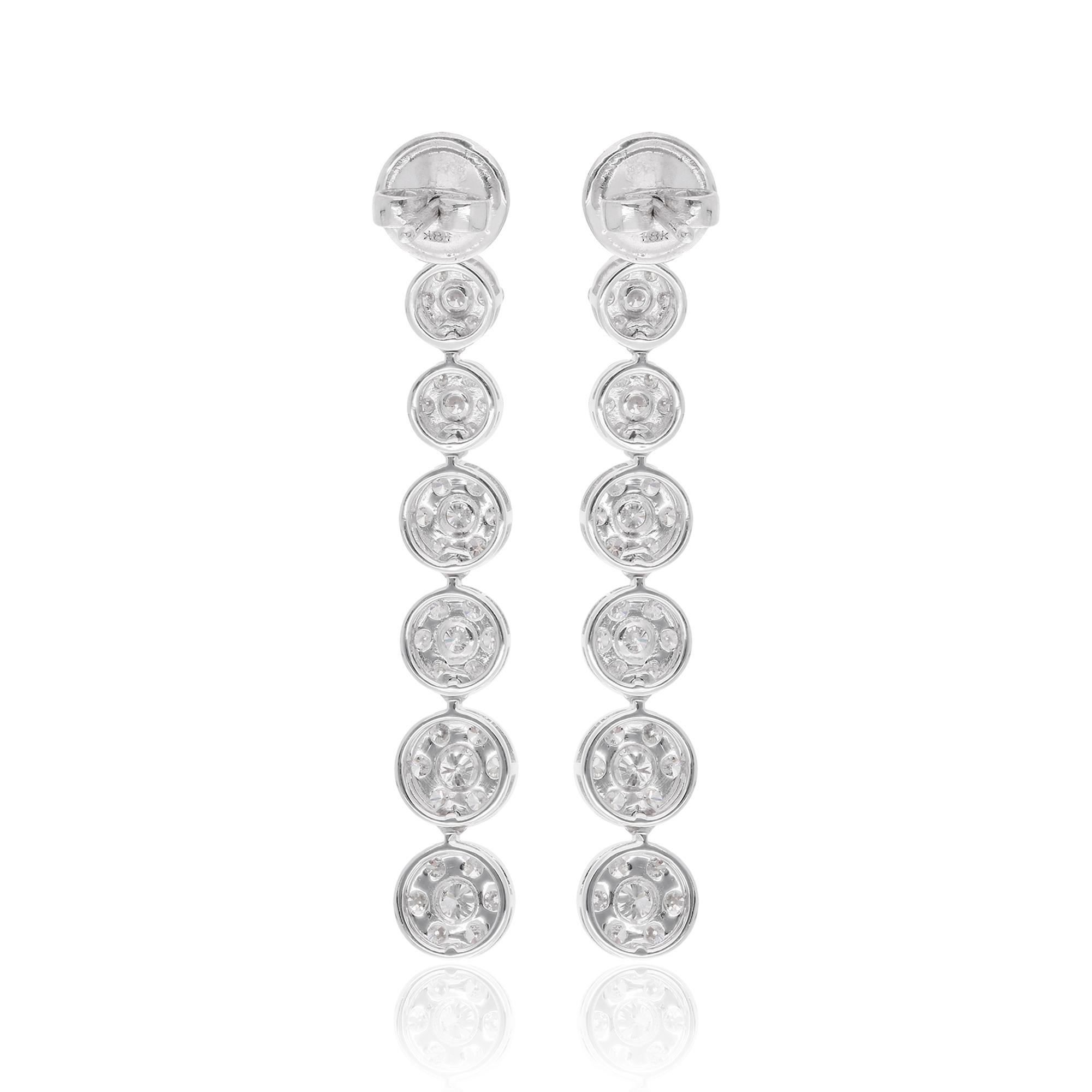 Round Cut 3.2 Carat Pave Diamond Long Dangle Earrings 18 Karat White Gold Handmade Jewelry For Sale