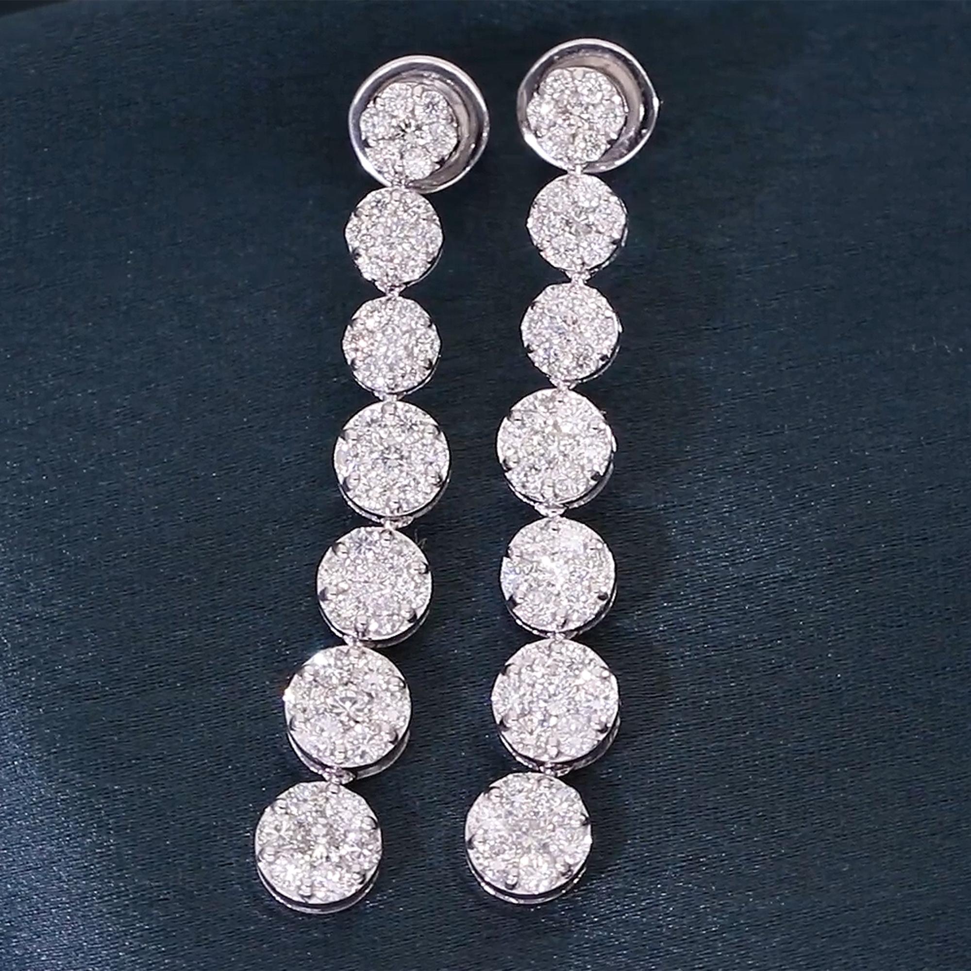 Women's 3.2 Carat Pave Diamond Long Dangle Earrings 18 Karat White Gold Handmade Jewelry For Sale