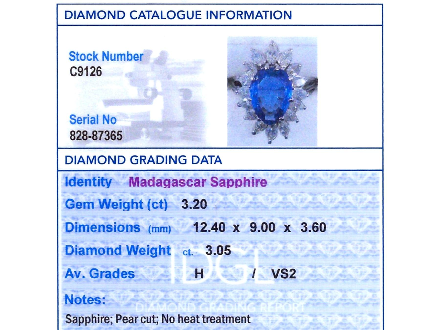 3.20 Carat Pear Cut Sapphire 3.05 Carat Diamond, Platinum Dress Ring Circa 1950 For Sale 7