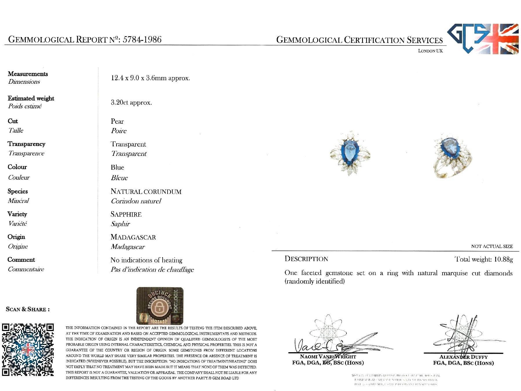 3.20 Carat Pear Cut Sapphire 3.05 Carat Diamond, Platinum Dress Ring Circa 1950 For Sale 8
