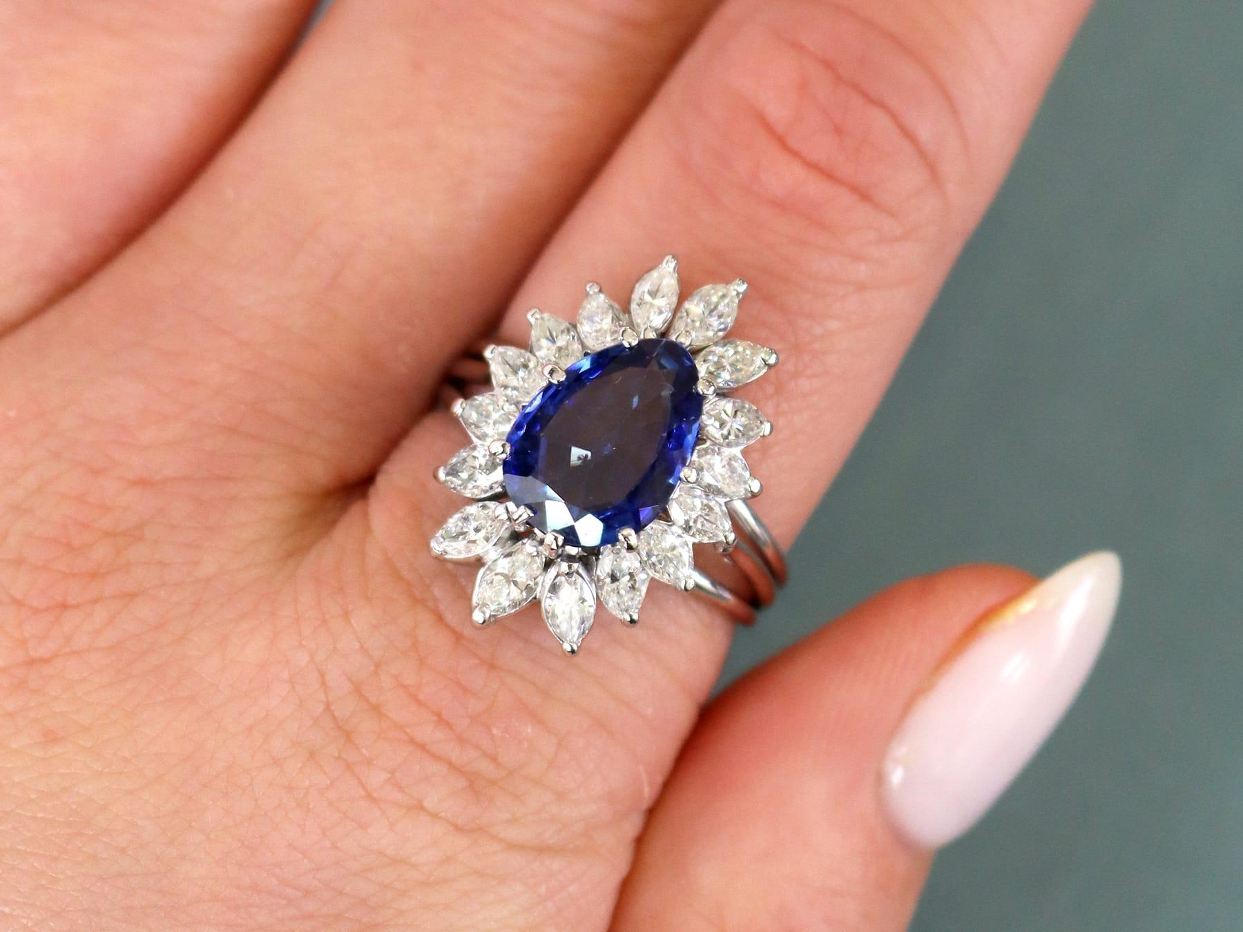 Women's or Men's 3.20 Carat Pear Cut Sapphire 3.05 Carat Diamond, Platinum Dress Ring Circa 1950 For Sale