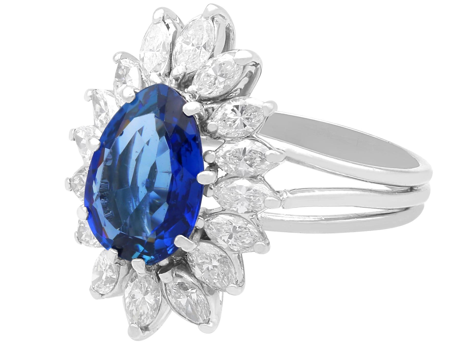 3.20 Carat Pear Cut Sapphire 3.05 Carat Diamond, Platinum Dress Ring Circa 1950 For Sale 2