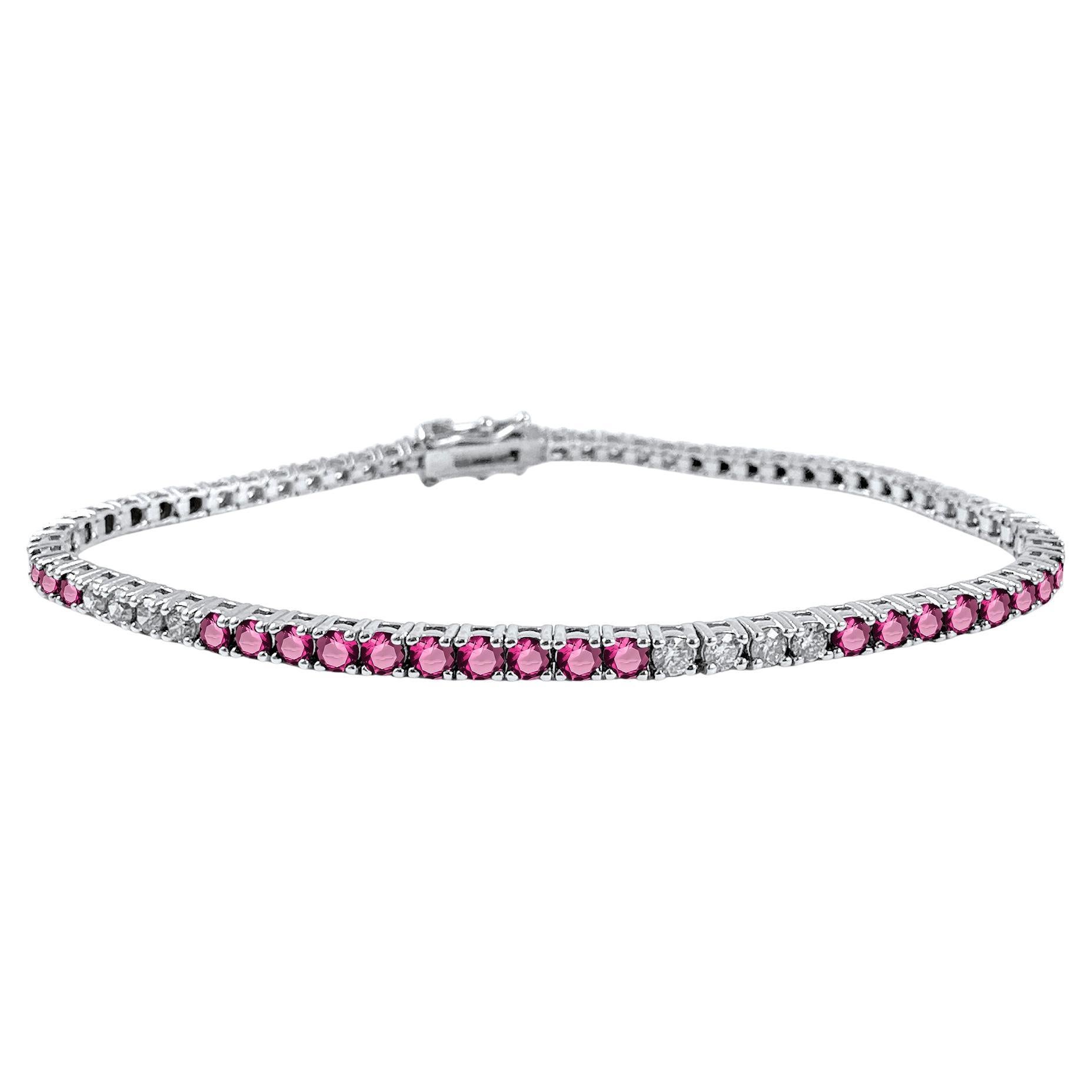 3.20 Carat Pink Sapphire and Diamond Tennis Bracelet in 14K White Gold, 7 Inches