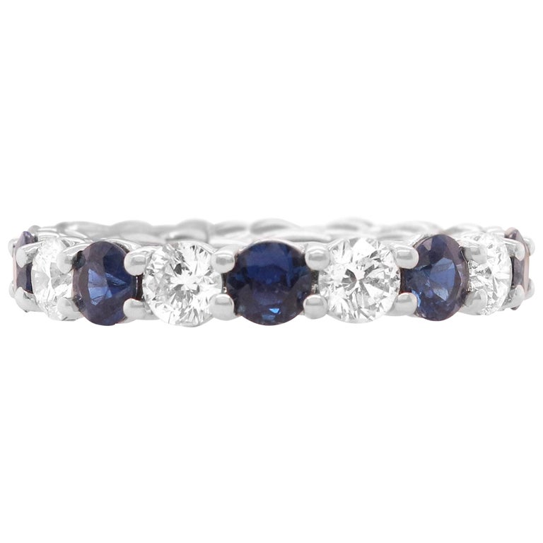 Round Blue Sapphire Diamond Eternity Band Ring 18K White Gold Size 5.75 For Sale